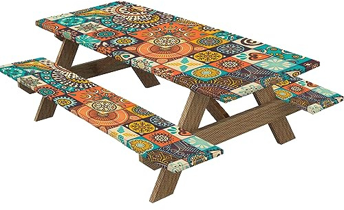 Highdi Nappes pour Table de Pique Nique avec Housses de Banc, Nappe Rectangulaire Ajustée Couverture de Table imperméable Élastique pour Extérieur, Jardin, Camping, Fête (30*72 pouces,kaléidoscope 4)