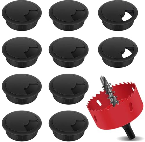 Yeepeo 10 stycken kabelgenomföring skrivbord, 60 mm kabelgenomlopp med 1 styck hålsåg, plastbord, kabelgenomföring för bord kontor skrivbord, svart