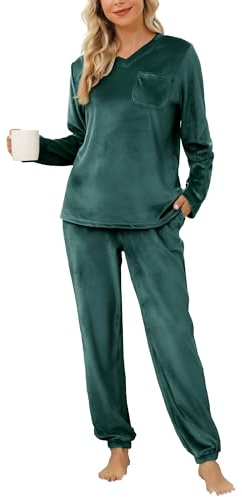 Vlazom Women Pyjamas,Soft Warm Fleece Pjs Sets Fluffy Loungewear Set Long Sleeve Tops and Pants Sleepwear with Pockets C-Dark Green,M