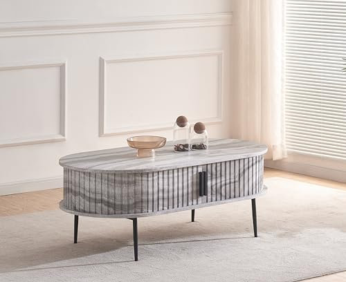 Furnizone UK MAXINE Coffee Table 120 cm Oval Grey Marble Effect Sliding 2 Door Storage with Slatted Panels