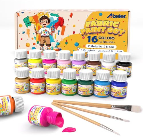 Peinture Textile Permanent-16 Couleurs x 20ml Acryliques pour Tissu et Cuir-Peinture pour Tissu et Vêtement Idéal pour T-shirts, Chaussures, Baskets,Bonne Capacité de Couverture Il y a 3 brosses