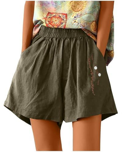Short Coton Et Lin Femme BrodéS,Shorts Et Bermudas à Jambes Larges Taille éLastique avec Poches Shorty Grande Taille Casual LéGer Fluide pour Voyage Vacances Plage RandonnéE Course à Pied