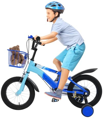 CUMELLIIR Vélo pour enfant garçon et fille de 14 - Avec roues stabilisatrices et panier - Réglage de la hauteur - En acier au carbone - Pour enfants de 3 à 4 5 6 ans - Bleu