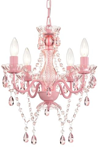 Pink Crystal Chandelier, 4-Light Hardwired Ceiling Light Fixture – Small Elegant Acrylic Pendant, 41x44 cm, Decorative Lighting for Girls Bedroom, Dining Room, Hallway, E14 Blub(Not Included)