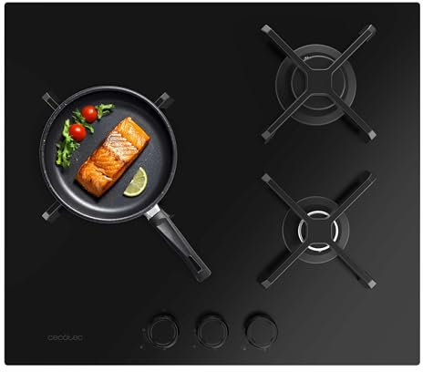 Cecotec Placa de Gas 3 Fuegos Bolero Squad G 3400S Nano Glass. 6.2kW, Nano Glass, Parrillas Hierro Fundido, Quemador WOK Triple Corona, Encendido Electrónico, Seguridad en Válvulas, Accesorio de Gas