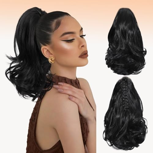 Webshaiy Coda Capelli Extension con Clip a Artiglio per Donna, 30cm Posticci Corti Ricci e Ondulati Sintetici Extension Coda Capelli Nero Naturale