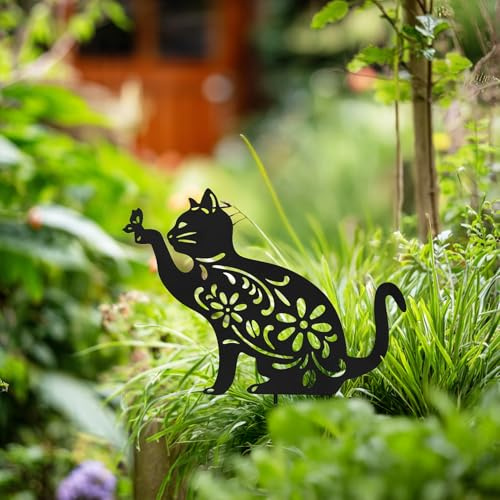 Nicoman Metal Dog and Cat Stakes Garden Decorative Silhouette with Floral Pattern, Black, 1-Piece Yard Art for Grassland and Outdoor Statues (Cat)