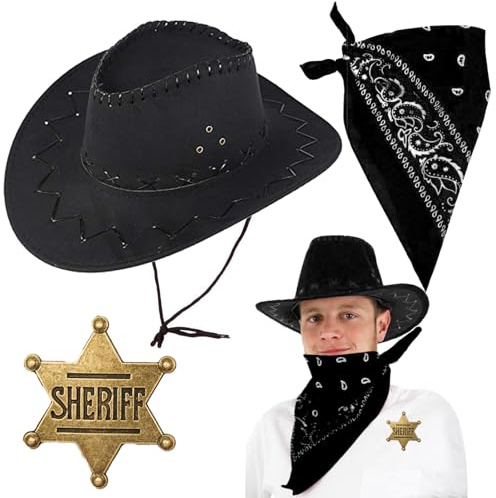 Qylazune Western Black Cowboy Hat Costume Accessories Set 3 Piece Faux Suede Hat + Black Paisley Bandana + Sheriff Badge Kit for Men and Women for Halloween, Outdoor Camping, Birthday Gifts