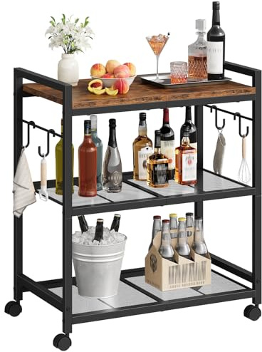 CHOEZON 3-Tier Rolling Bar Cart, Vintage Metal Kitchen Cart with Wheels, Mobile Storage Shelf, Rolling Microwave Stand with Mesh Shelves for Home Bar, Kitchen, Rustic Brown and Black TTC06BF