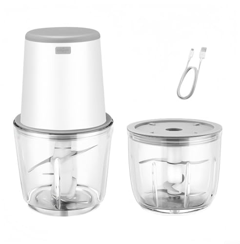Hachoir à viande électrique avec deux bols pour hacher et écraser les légumes, les oignons et la viande, design compact pour une préparation rapide des repas (blanc)