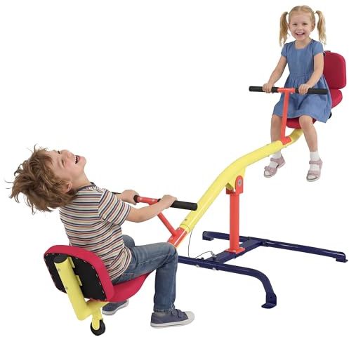 AIYAPLAY Altalena Bilico per Bambini Girevole 360°, Capacità 200kg Altalena Basculante 2 Posti con Maniglie Antiscivolo, Sedili Imbottiti, Schienale, Ruote, Dondolo da Esterno, 3-12 Anni, 253x96x75 cm