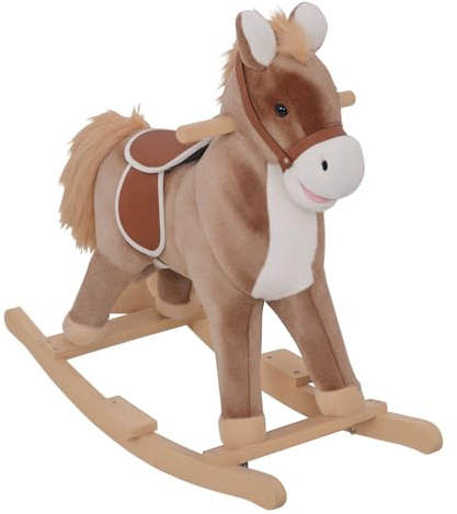 HOMCOM Kids Children Plush Rocking Horse Wooden Base Ride On Toy Rocker with Handle Grip Traditional Toy Fun Gift for Age 3+ (Brown & White)