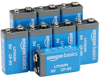 Amazon Basics 8-Pack 9 Volt Lithium Batteries, 10-Year Shelf Life, Long Lasting Power