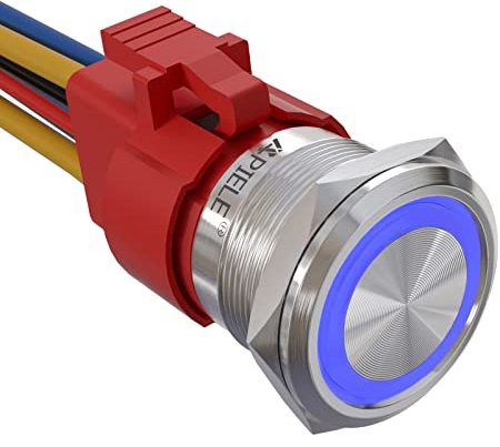 APIELE 22MM Verriegelung Druckschalter 12VDC 10A,Edelstahl mit LED wasserdicht Latch Drucktastenschalter mit vorverdrahtetem Stecker, Auto RV LKW Boot EIN/AUS Taste Schalter (Blau)