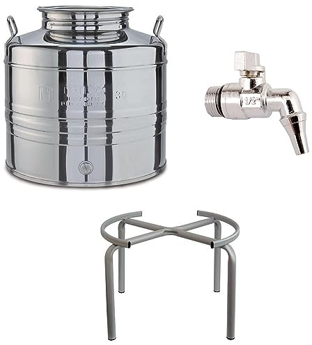 eacommerce Contenitore Bidone Fusto per Olio in Acciaio Inox Olivà con Tappo ermetico a Vite … (Fusto + Rubinetto + Supporto, 50 Litri)