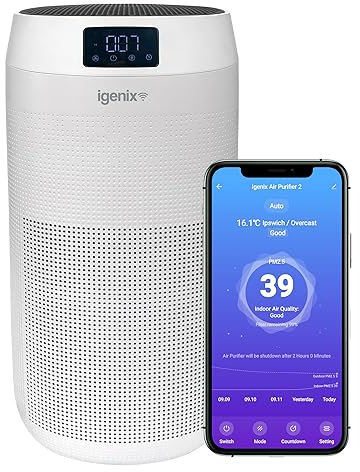 Igenix IG9600WIFI Smart WiFi Air Purifier with Amazon Alexa & Google Assistant, H13 HEPA Filter, CADR 400m³/h for Large Rooms, Removes 99.97% Allergens Pollen Dust Smoke from the Air, Quiet Sleep Mode