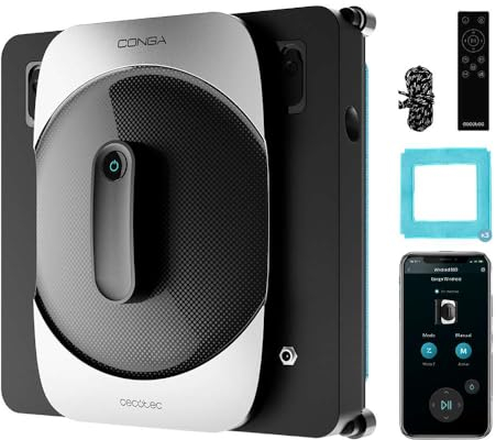Cecotec Robot Laveur de Vitre Conga avec App et Télécommande Windroid 1290 DoubleSpray Connecté T, 72W, Design carré pour Atteindre Tous Les Coins, Double pulvérisation d'eau, 3 Modes