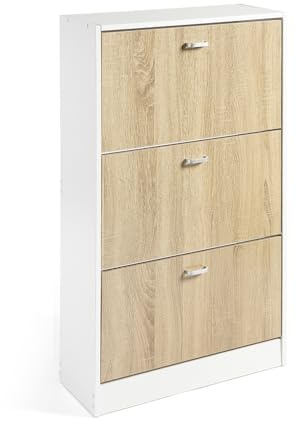 DUPI Mueble Zapatero Madera | 3 Puertas Oscilobatientes | 6 Baldas para 28 Zapatos | Diseño Minimalista | Zapatero Entrada (Estructura Blanco/Puertas Taupe)