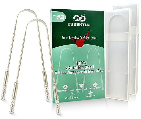QD Essential Stainless Steel Tongue Scraper for Adults with Travel Case (2 Pack) – Stainless Steel Cleaner for Daily Hygiene, Reduce Bad Breath – Oral Care Travel Essentials, Metal Tongue Scraper