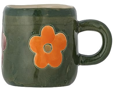 Bloomingville MINI Addy Kindertasse 130 ml – Dunkelgrüne Steingut-Tasse mit Blumenmotiv, handbemalt, für kleine Kinderhände, mikrowellen- & spülmaschinengeeignet, 82060484