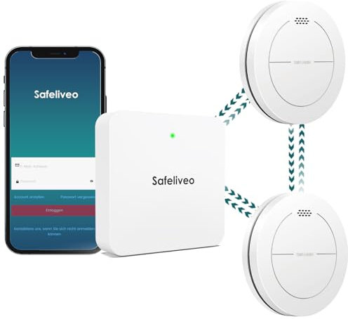 Safeliveo Rauchmelder 10 Jahre Batterie WLAN Feuermelder Vernetzt 2er Set, 1 Basisstation, TÜV Rheinland Zertifiziert Brandmelder mit 85dB Hörbarer Alarm
