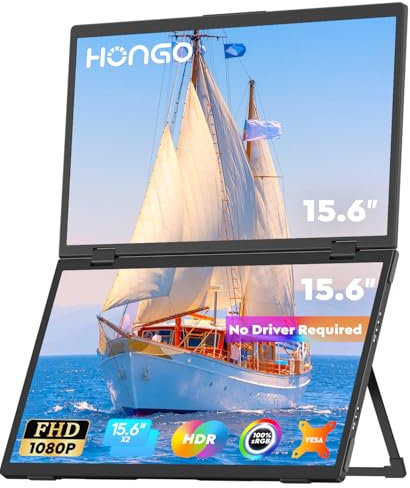 HONGO Portable Monitor USB C 15.6 Inch 1080P FHD Dual Screen IPS 360° Foldable, Laptop Monitor Extender Built-in Dual Speakers, External Screen Dual for Laptop/PC/Mac/PS3/4/5/X-BO/Phone