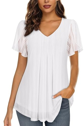 Womens Derssy Tops Layer Mesh Blouse Short Sleeve Top Dressy Elegant Tunics for Women Work Clothes for Women Spring Summer Tops for Women 2024 Wedding Dress Shirts for Women Flowy Tops Dressy Shirts