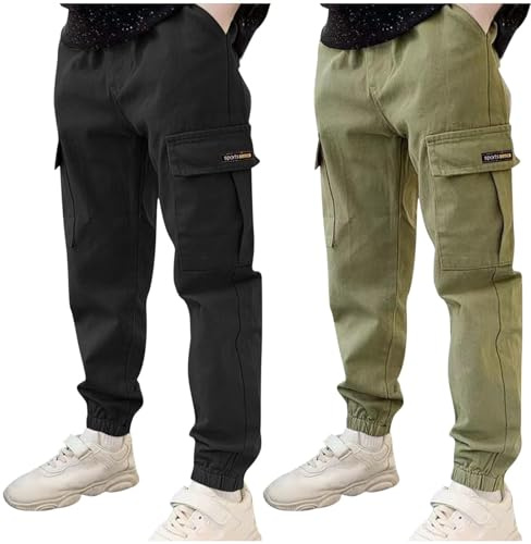 duxyoz 2 Pack Boys Cargo Trousers Kids Sweatpants with Multi Pockets Elastic Waist Sports Pants Durable Casual Cotton Trousers Solid Color Classic Streetwear Tapered Leg Running Joggers 3-13 Years