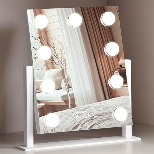 PUKANIUM Vanity Mirror with Lights, Hollywood Mirror with 9 Dimmable Led Bulbs and 3 Color Light, 360 Rotation with 10x Magnifying Mirror, Touchscreen Control, Tabletop Light Up Mirrors For Bedroom