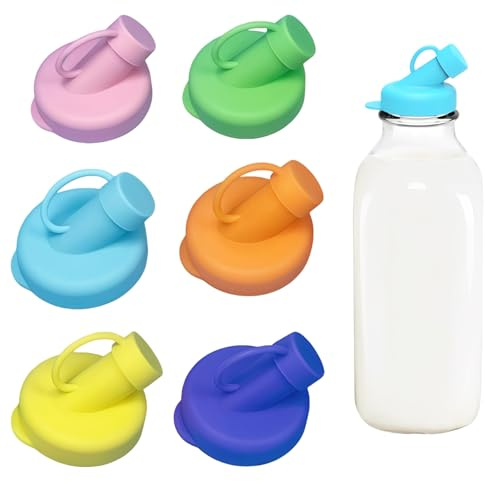 6 PCS Milk Bottle Tops, Reusable Milk Bottle Tops for Bottles, Silicone Glass Milk Bottle Tops Leakproof Design, Easy to Clean, 6 Colors (Pink, Green, Yellow, Blue, Orange, Purple)