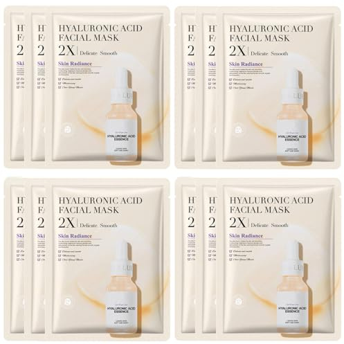 JORUN 12 Pcs Hyaluronic Acid Hydrating Sheet Face Mask Set - Korean Sheet Masks Moisturizing,Anti-Aging, Brightening Face Masks Skincare Multipack - Vegan for All Skin Types
