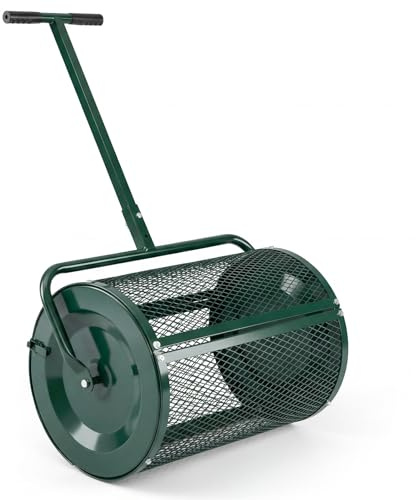 COSTWAY Spandiconcime a Rullo, Rullo da Giardino con Impugnatura Pratica Chiusure Laterali e Rete in Metallo per Concimazione e Semina, Spandiconcime per Prato e Giardino (40 x 61 cm Verde)