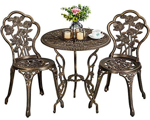 Yaheetech 3tlg. Bistro Set Balkonset Gartenset mit Stühlen, Zwei Sitzhocker Gartenmöbel im antiken Stil Aluguss Bronze