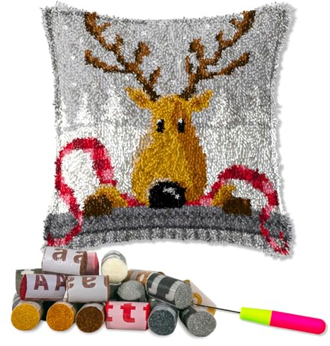 LAPATAIN Latch Hook Kits for DIY Throw Pillow Cover,Christmas Deer Needlework Cushion Cover Hand Craft Crochet for Great Family 17x17inch