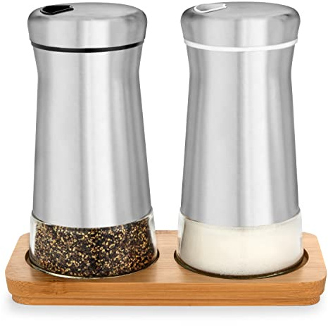 Salt and Pepper Shakers set with Adjustable Pour Holes - Elegant Stainless Steel Spice Dispenser - Perfect for Himalayan, Table Salt, White and Black Pepper (Salt & Pepper Shakers Set + Bamboo Stand)