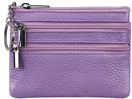 Women's Genuine Leather Coin Purse Mini Pouch Change Wallet with Keychain, Lavander