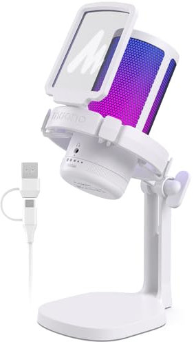 MAONO USB Microphone for PC, RGB Gaming Mic with Mute Button, Noise Cancellation Condenser Microphone with Gain knob for Streaming, Podcast, Recording, Chat, Compatible with PS5/PS4/Mac, DGM20, White