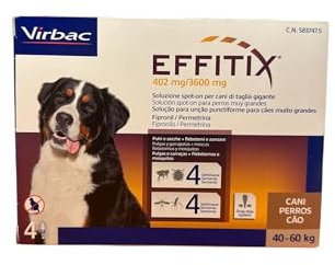 Antiparassitario Effitix pipette per cani 40-60 kgcombatte pulci, zecche e previene la leishmaniosi. Formato 4 pipette per cani di peso 40/60 Kg.