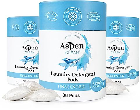 Unscented Laundry Pods by AspenClean, New and Improved Packaging, Zero Plastic, Non-Bio, Vegan, Hypoallergenic Natural Laundry Detergent, EWG Verified™ - 36 Count (3 Pack)