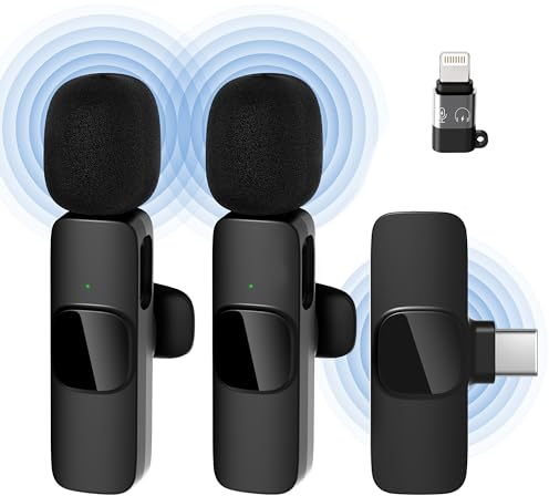 Qhot Wireless Microphones for iPhone iPad,[Lightning], Clip on Lapel Lavalier Bluetooth Microphone for Video Recording,Live Streaming,Tiktok,Vlog(iOS&USB-C/2Mic)