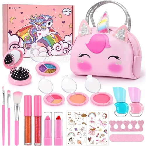 TOGOU2S Maquillaje para Niñas - Bonito Neceser Rosa Unicornio, Juguetes Lavables, Seguros y No Tóxicos - Maletín de Maquillaje - Regalo para Niñas 4-8+ Años, Cumpleaños,Regalo Navidad