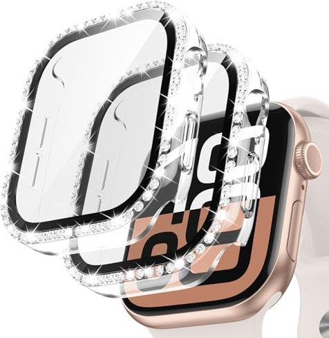 Neitra [2 Stück] Glitzer Diamanten Hülle für Apple Watch Series 11/10 42mm, Hart PC Bumper Case mit HD Gehärtetes Displayschutz Folie, Bling Schutzhülle Cover Smartwatch Zubehör für Frauen Mädchen