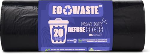 ECOWASTE™ 20 Everyday 100L Large Extra Heavy Duty Strong & Secure, Refuse Sacks, Bin Bags, Bin Liners, Flat Top, Recycled, Tear Resistant, Perfect for Everyday Use, Household, Kitchen