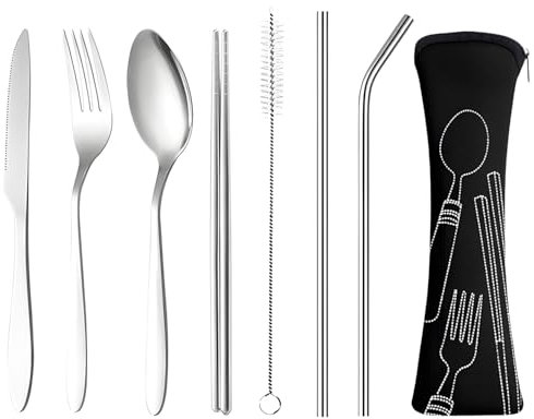 7-Piece Travel Cutlery Set with Pouch – Reusable Stainless Steel Knife, Fork, Spoon, Chopsticks, Straw & Brush – Portable Utensils for Camping, Office, School & Lunch Box – Dishwasher Safe