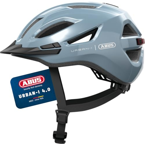 ABUS Casco da città Urban-I 4.0 - Casco da bicicletta con luce posteriore ricaricabile, 2 modalità di illuminazione, visiera e chiusura magnetica - per adolescenti, donne e uomini - taglia S, blu