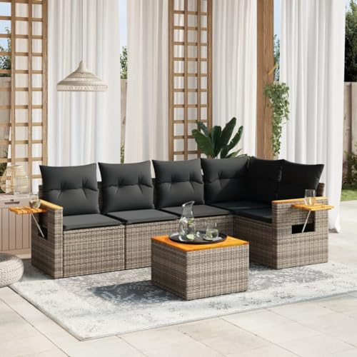 JHQHSM Set di 6 divani da giardino con cuscino grigio polyrattan, design modulare con vano portaoggetti e sacchetto impermeabile, ripiani pieghevoli, rivestimenti rimovibili, rattan PE durevole