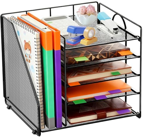 Organizer Scrivania 5 Livelli con 1 Raccoglitori Verticali Extra, Portadocumenti da Scrivania Salvaspazio Multifunzionale, Organizzatore per Stoccaggio Accessori Ufficio, Documenti, Riviste, Lettere