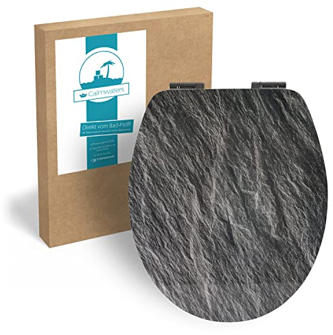 Calmwaters® WC Sitz mit Absenkautomatik, Stein-Motiv Splinter Stone, Holzkern Toilettendeckel, Fast-Fix, Metallscharnier, universale O-Form, ovaler Klodeckel, Toilettensitz Stein, Anthrazit, 26LP5013