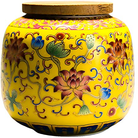Cabilock Ceramic Tea Canister with Airtight Wood Lid Vintage Chinese Style Tea Storage Jars Traditional Tea Tins Cans Tea 230ML for Kitchen Spice Tea Coffee Condiment Yellow