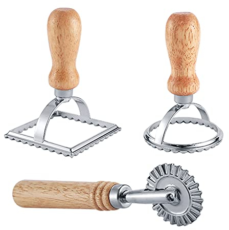 Ravioli Maker Stamper Cutter mit Roller Wheel Set, Pasta Maker Form mit Holzgriff und geriffeltem Rand, Ravioli Cutter und Pressstempel - für Pasta, Knödel Lasagna, Pierogi (3 Set mit Cutter)